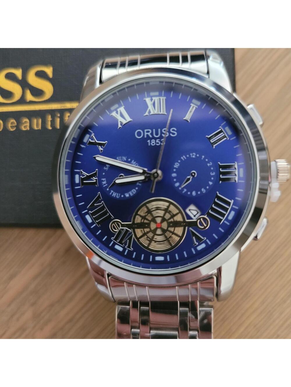 ORUSS Men's Stainless Steel Silver Watch with Blue Dial - Picture 2 of 4